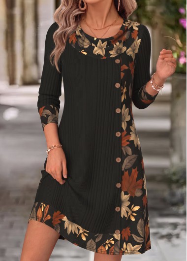 Leaf Print Patchwork Black Short Long Sleeve Dress