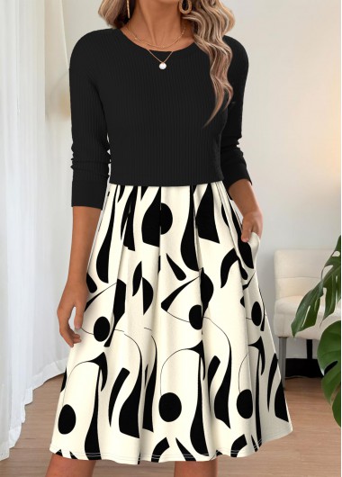 Geometric Print Pleated Black Long Sleeve Round Neck Dress