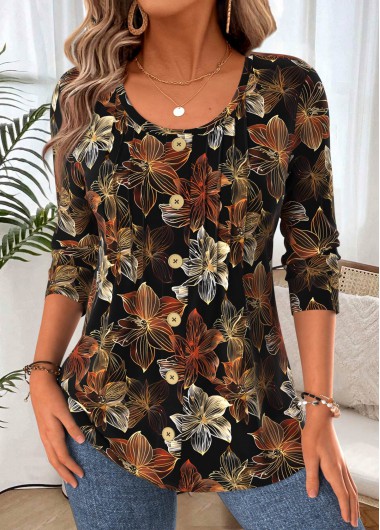 Floral Print Curved Hem Black Long Sleeve T Shirt