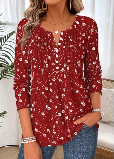 Floral Print Tuck Stitch Wine Red T Shirt Floral Print Tuck Stitch Wine Red T Shirt