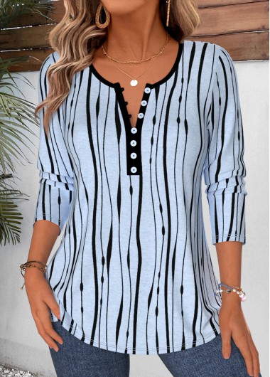 Striped Curved Hem Light Blue Long Sleeve T Shirt