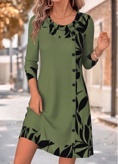 Leaf Print Patchwork Sage Green Short Long Sleeve Dress