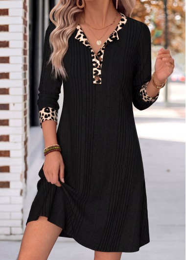 Leopard Patchwork Black Short Long Sleeve Split Neck Dress