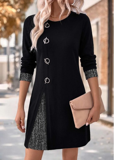 Patchwork Black Short Long Sleeve Round Neck Dress