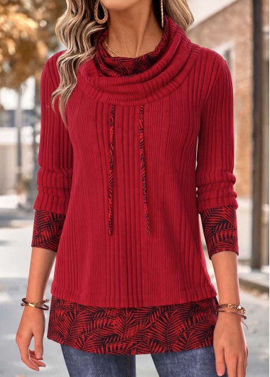 Leaf Print Fake 2in1 Red Long Sleeve Sweatshirt