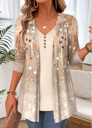 Ombre Light Coffee Long Sleeve Fake Two Piece Twinset