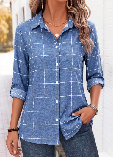 Plaid Tummy Coverage Denim Blue 3/4 Sleeve Shirt
