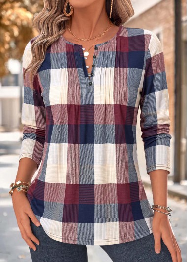 Plaid Tuck Stitch Multi Color Long Sleeve Blouse