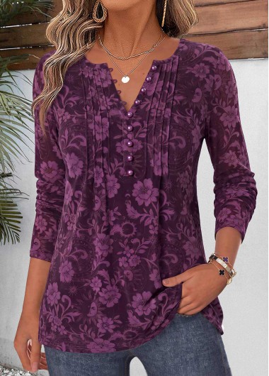 Floral Print Curved Hem Dark Reddish Purple T Shirt