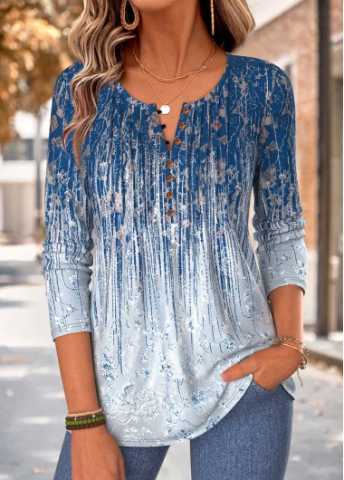 Ombre Tuck Stitch Dark Blue Long Sleeve T Shirt