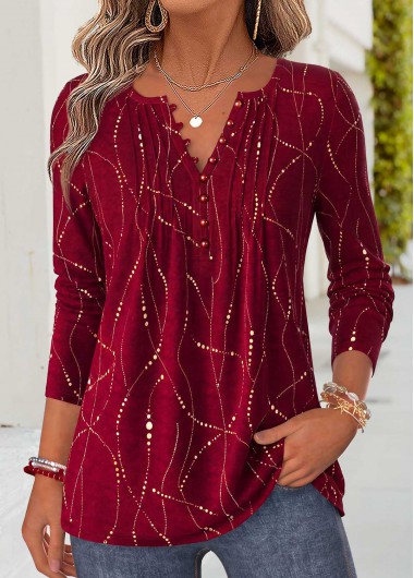 Geometric Print Curved Hem Red Long Sleeve T Shirt