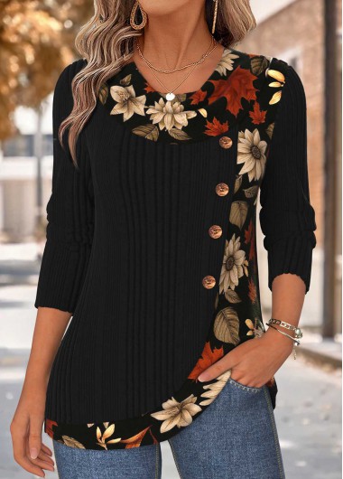 Floral Print Patchwork Black Long Sleeve T Shirt