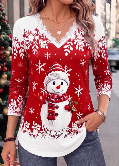 Christmas Snowman Print Patchwork Red Long Sleeve T Shirt