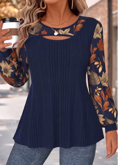 Floral Print Layered Navy Long Sleeve T Shirt