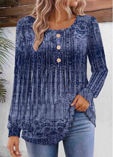 Tribal Print Tuck Stitch Blue Long Sleeve T Shirt