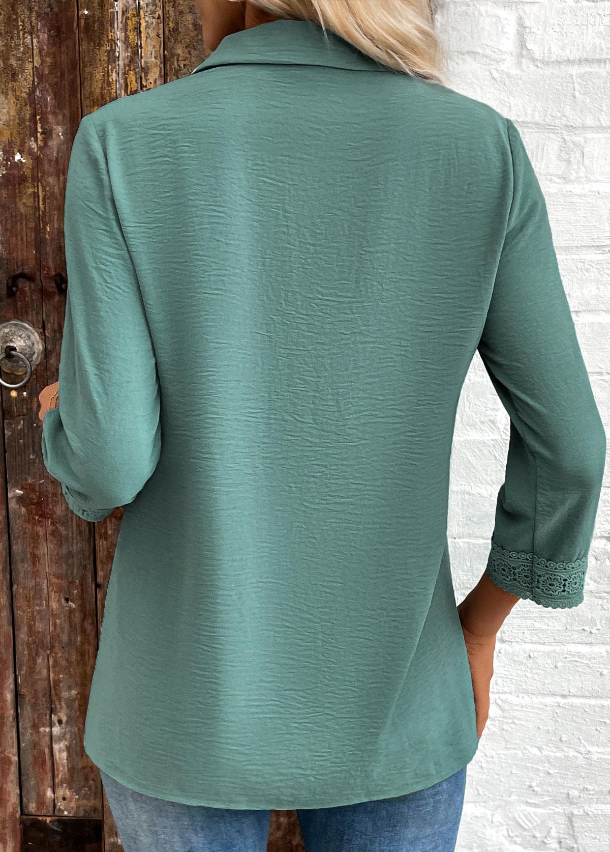 Button Patchwork Turquoise 3/4 Sleeve Shirt