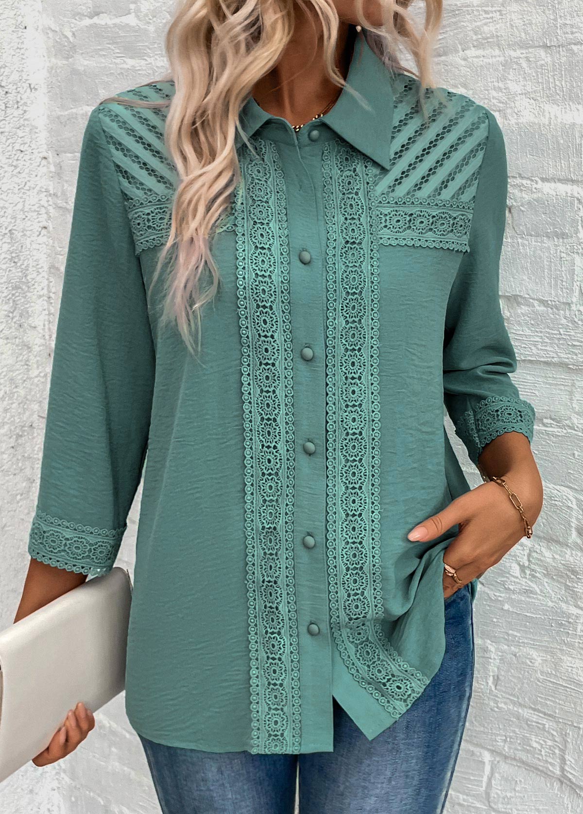 Button Patchwork Turquoise 3/4 Sleeve Shirt
