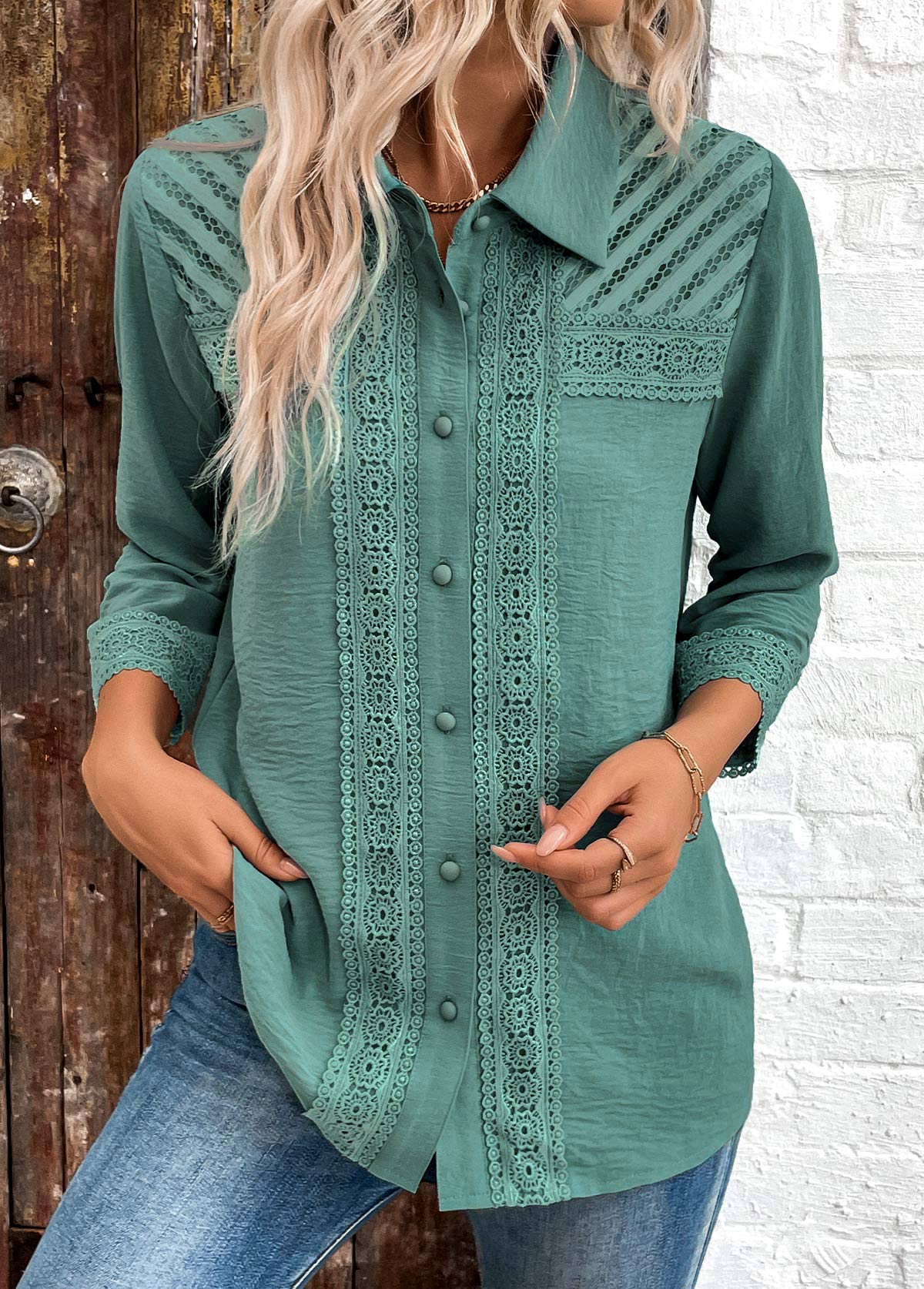 Button Patchwork Turquoise 3/4 Sleeve Shirt