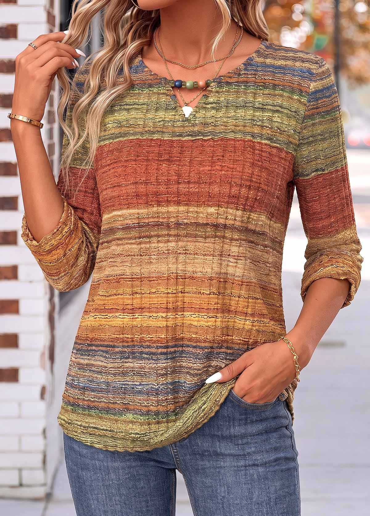 Geometric Print Shirred Multi Color 3/4 Sleeve Blouse