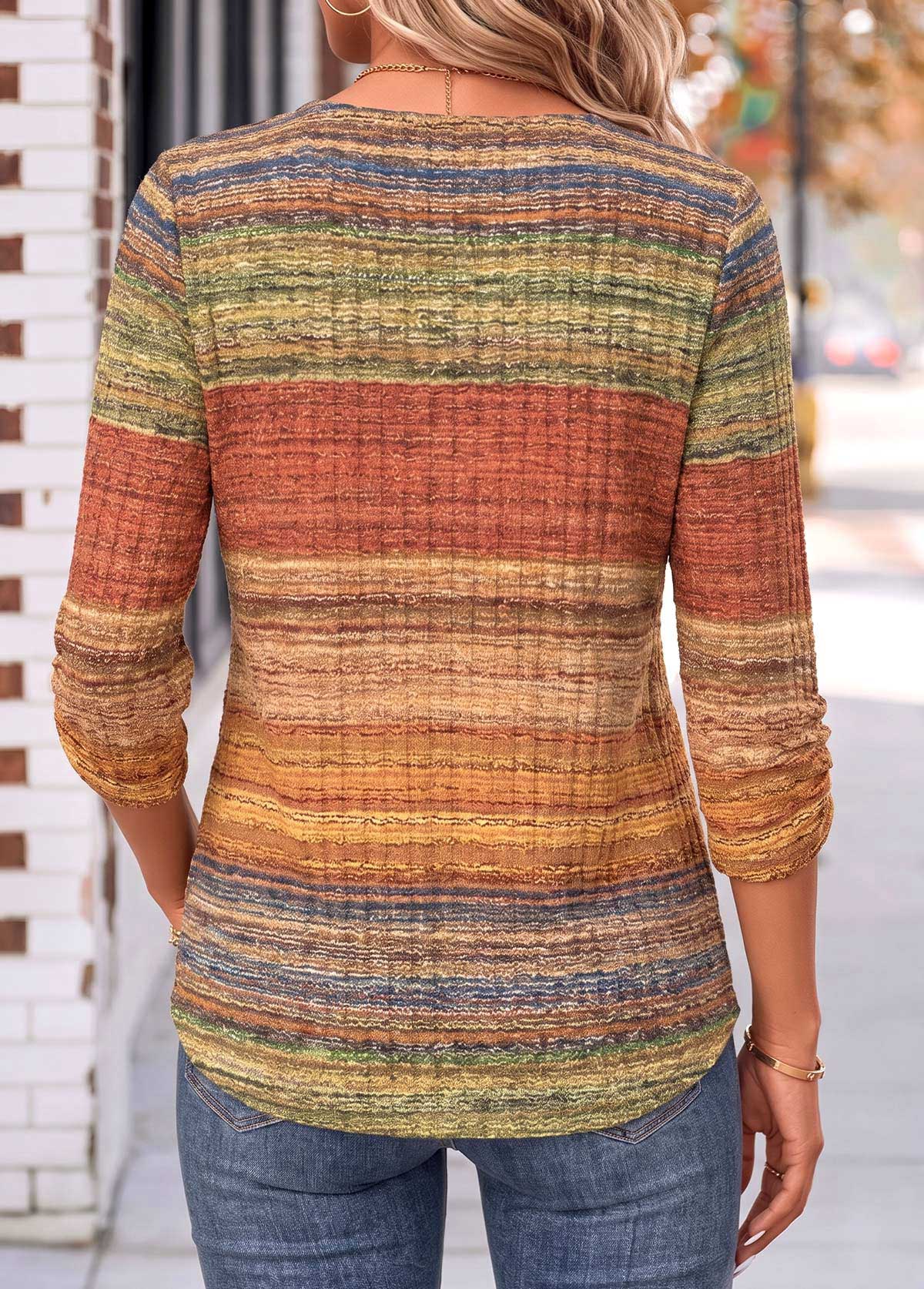 Geometric Print Shirred Multi Color 3/4 Sleeve Blouse