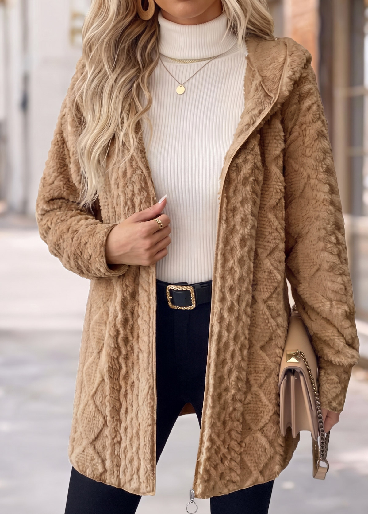 Tummy Coverage Light Coffee Long Sleeve Hooded Coat