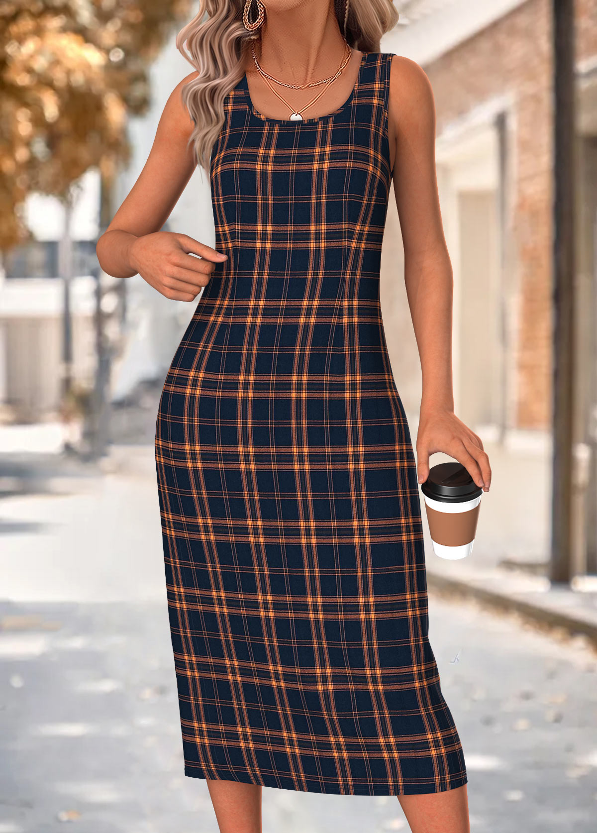 Plaid Two-piece Navy Long Sleeve Dress and Cardigan