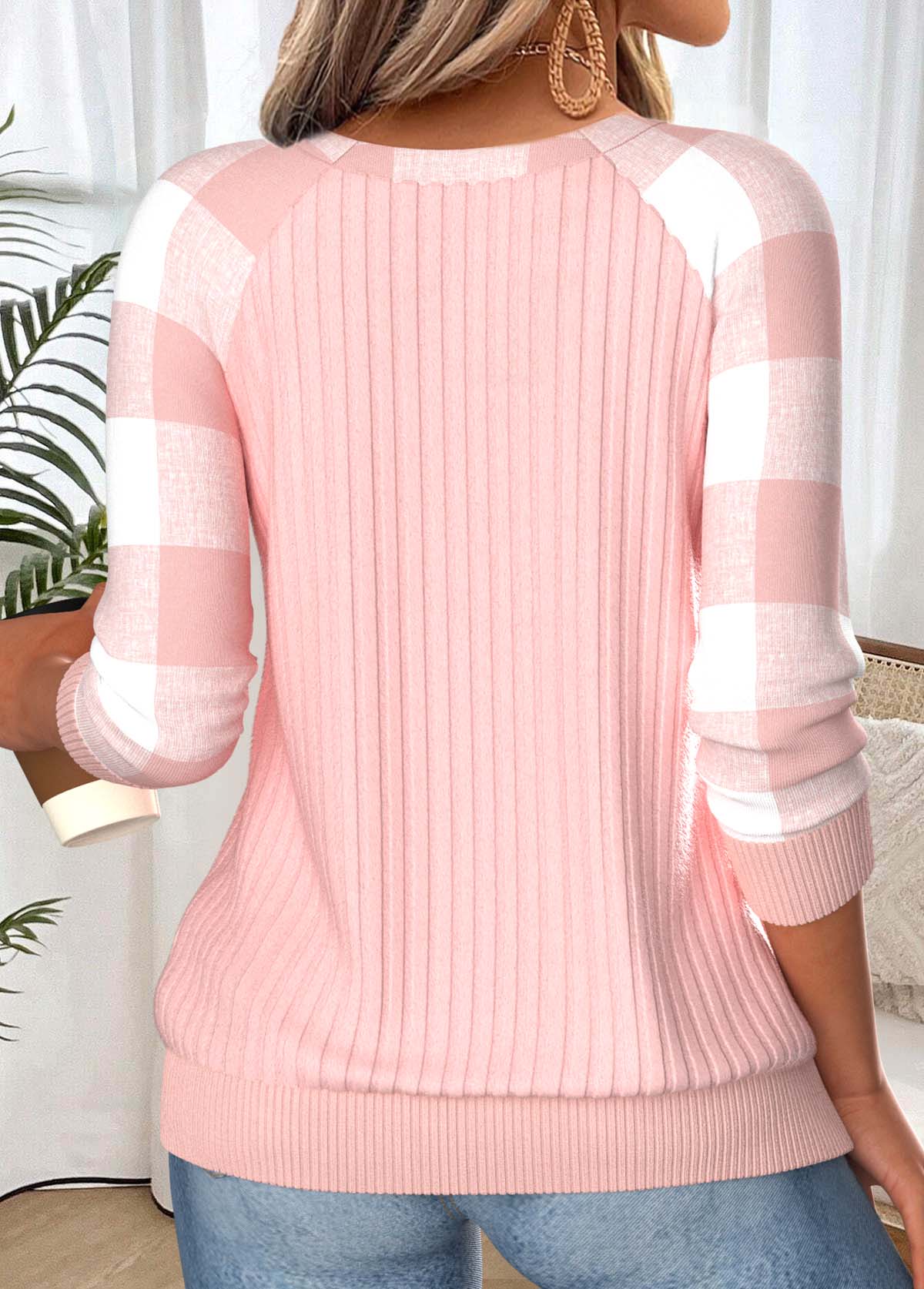 Plaid Button Light Pink Long Sleeve Round Neck Sweatshirt