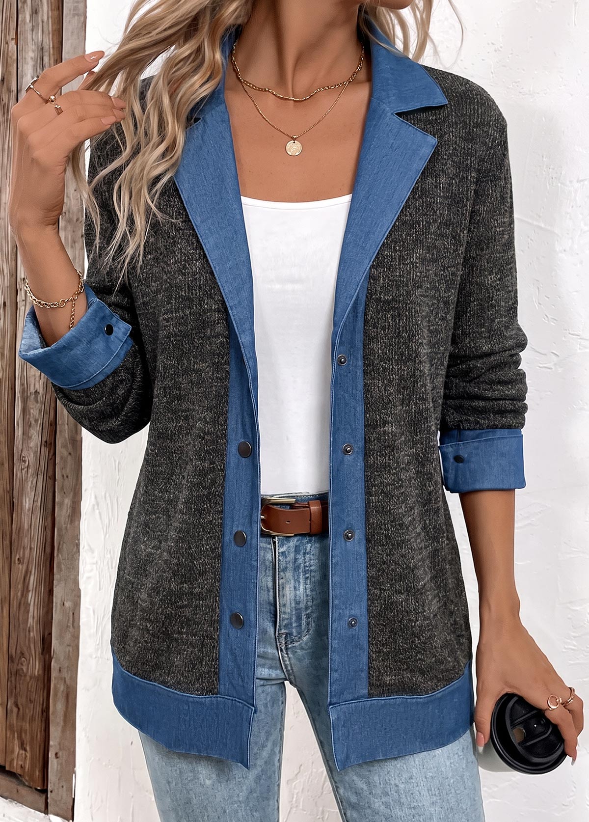 Tummy Coverage Black Long Sleeve Lapel Coat
