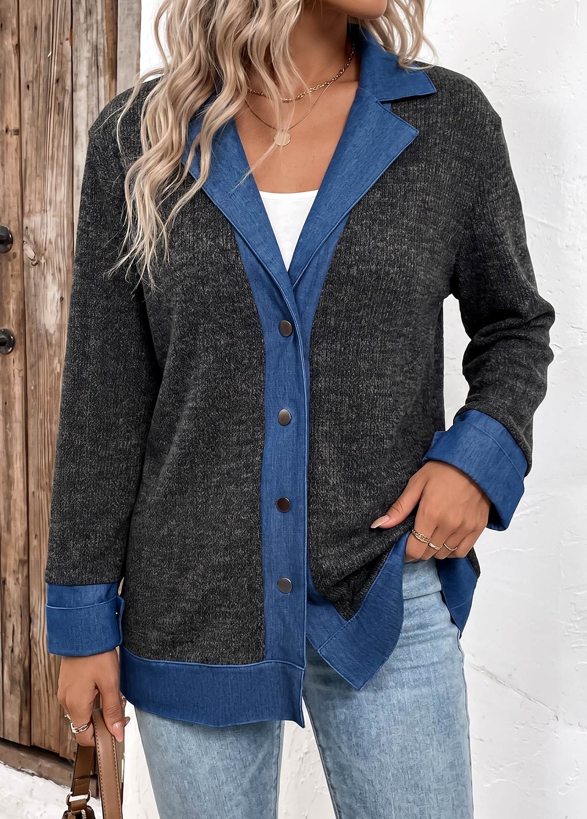 Tummy Coverage Black Long Sleeve Lapel Coat