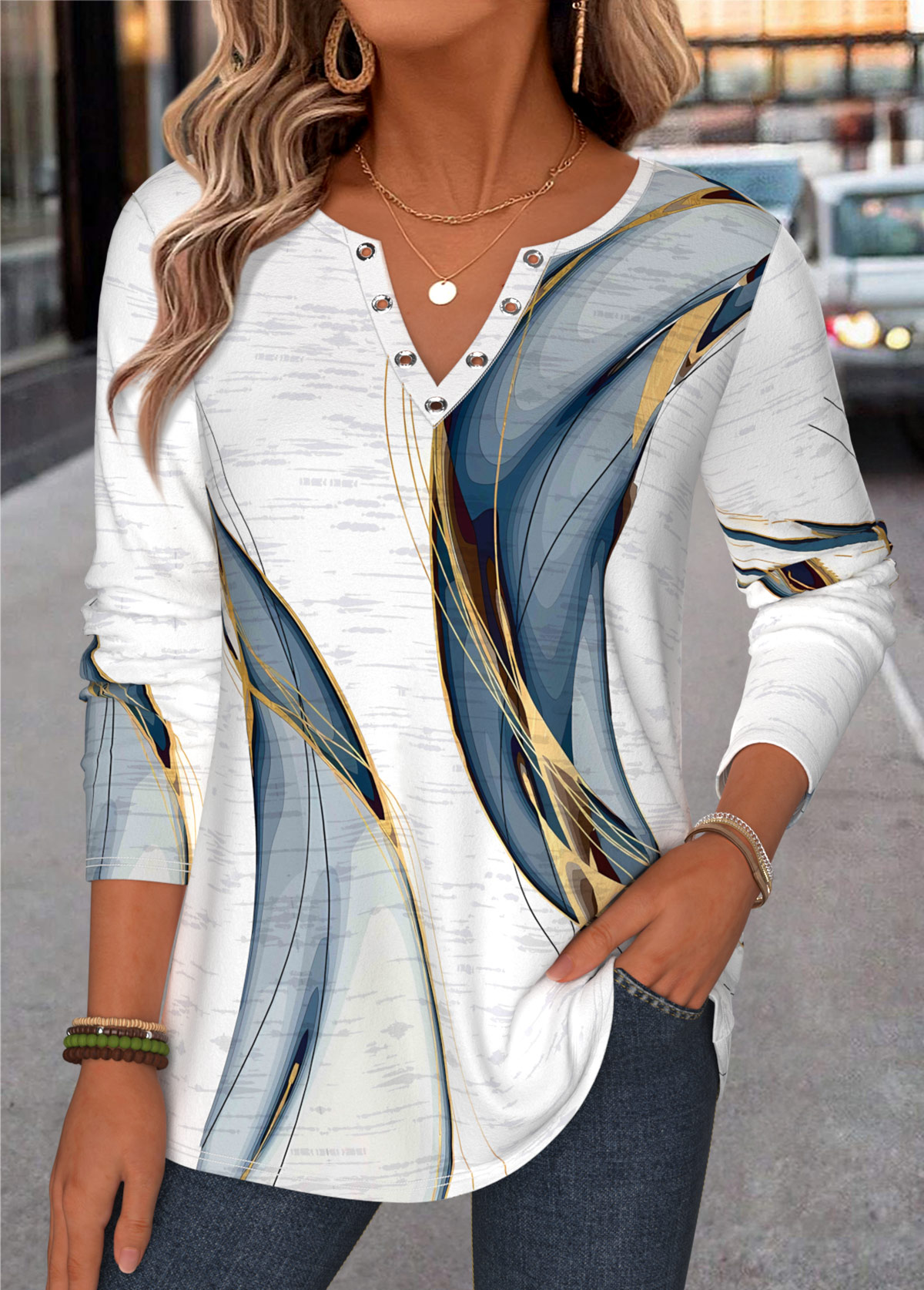 Geometric Print Curved Hem White Long Sleeve T Shirt