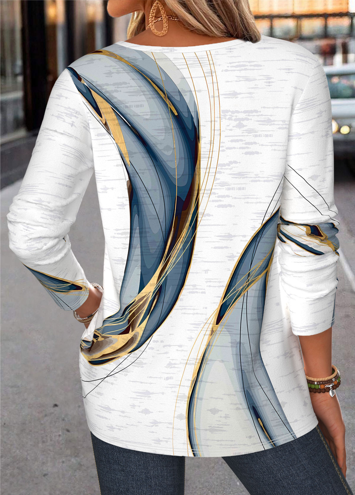 Geometric Print Curved Hem White Long Sleeve T Shirt