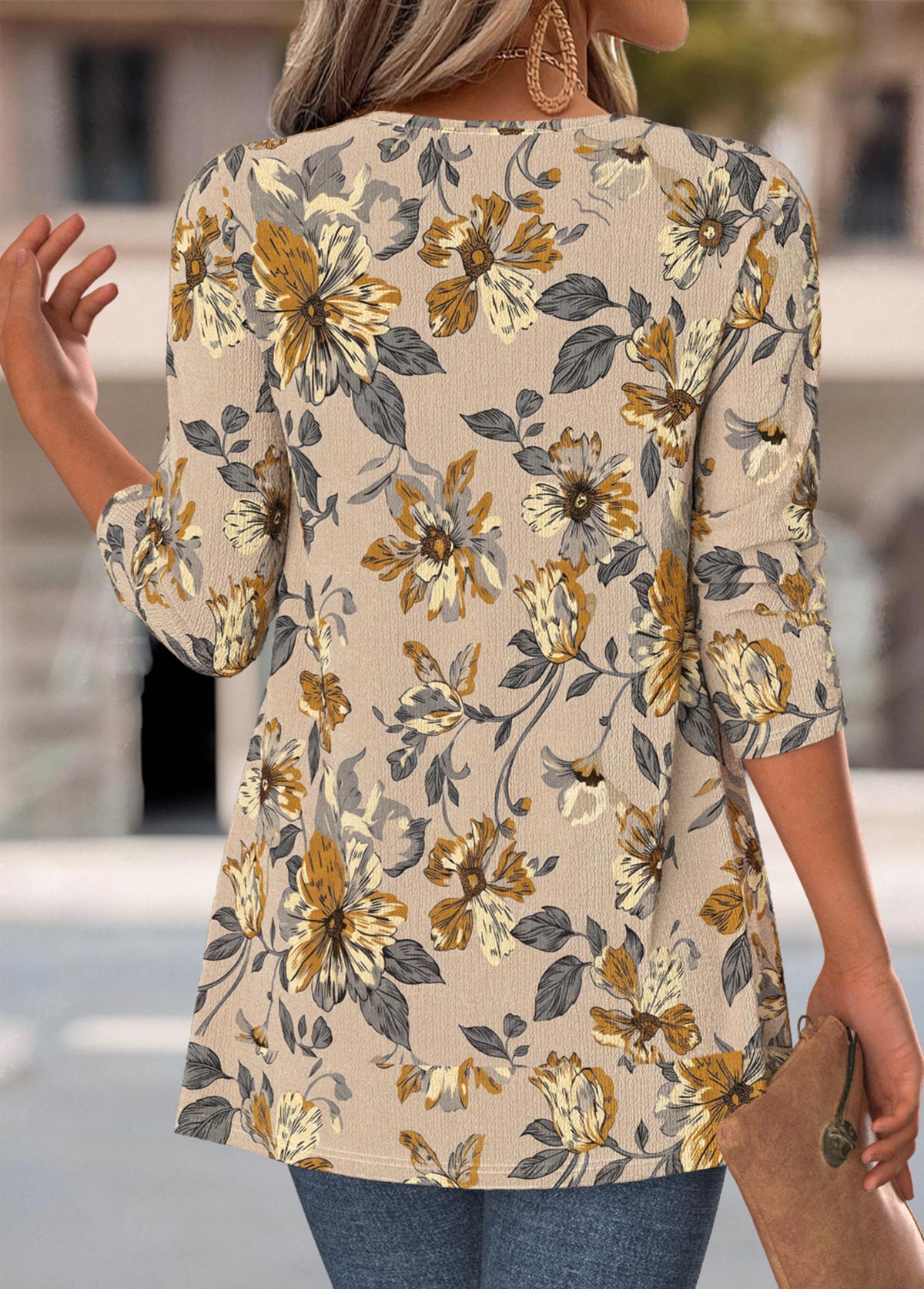 Floral Print Light Camel Fake Two Piece Twinset