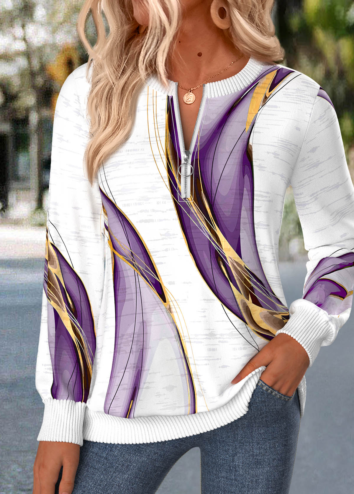 Geometric Print Zipper Purple Long Sleeve Round Neck Sweatshirt