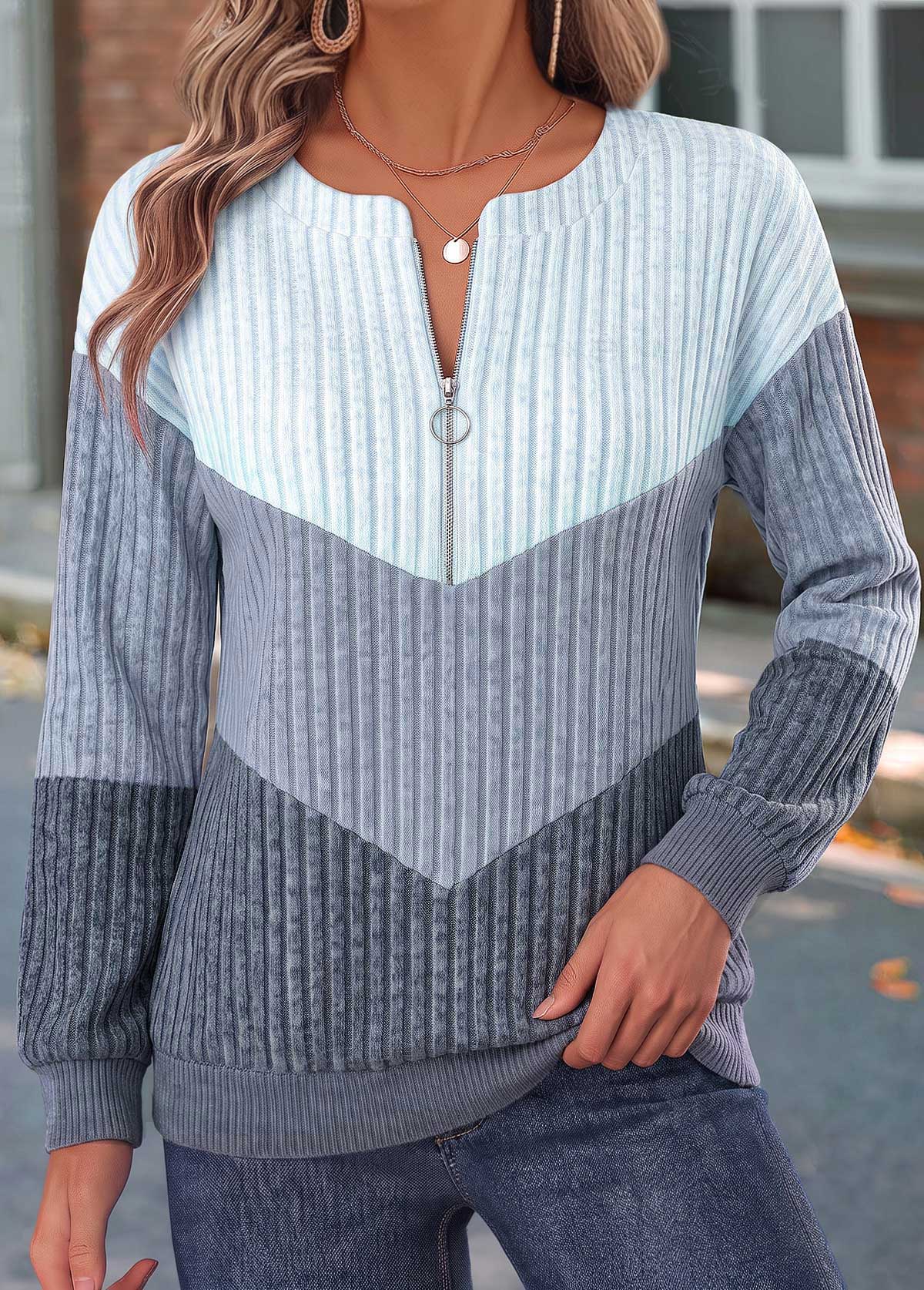 Zipper Dusty Blue Long Sleeve Sweatshirt