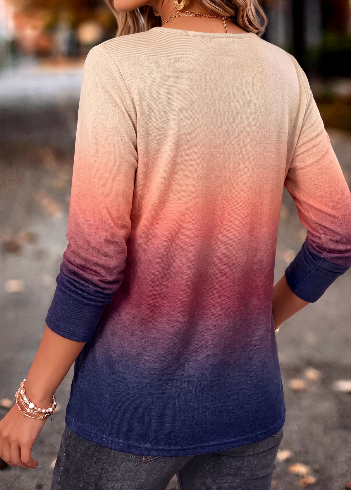 Ombre Shirred Multi Color Long Sleeve T Shirt