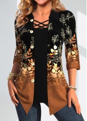 Leaf Print Button Dark Camel Fake Two Piece Twinset