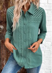 Button Patchwork Turquoise 3/4 Sleeve Shirt