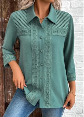 Button Patchwork Turquoise 3/4 Sleeve Shirt