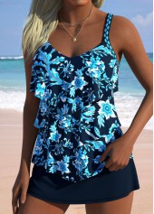 Mid Waisted Random Floral Print Navy Tankini Set