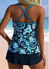 Mid Waisted Random Floral Print Navy Tankini Set