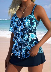 Mid Waisted Random Floral Print Navy Tankini Set