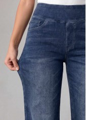 Denim Blue Straight Leg Elastic Waist High Waisted Jeans
