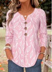 Leaf Print Pleated Pink Long Sleeve Split Neck Blouse