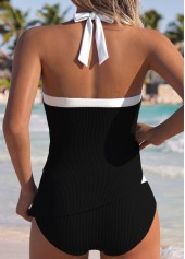 Mid Waisted Patchwork Black Tankini Set