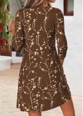 Floral Print Tuck Stitch Dark Coffee Short Dress