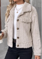 Button Beige Long Sleeve Turn Down Collar Coat