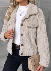 Button Beige Long Sleeve Turn Down Collar Coat