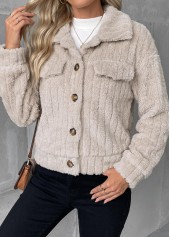 Button Beige Long Sleeve Turn Down Collar Coat