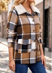 Plaid Patch Pocket Light Coffee Long Sleeve Coat