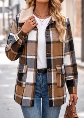 Plaid Patch Pocket Light Coffee Long Sleeve Coat
